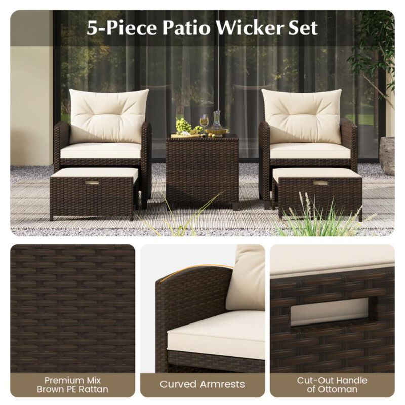 Hivvago 5 Pieces Patio Rattan Furniture with 2 Ottomans and Tempered Glass Coffee Table
