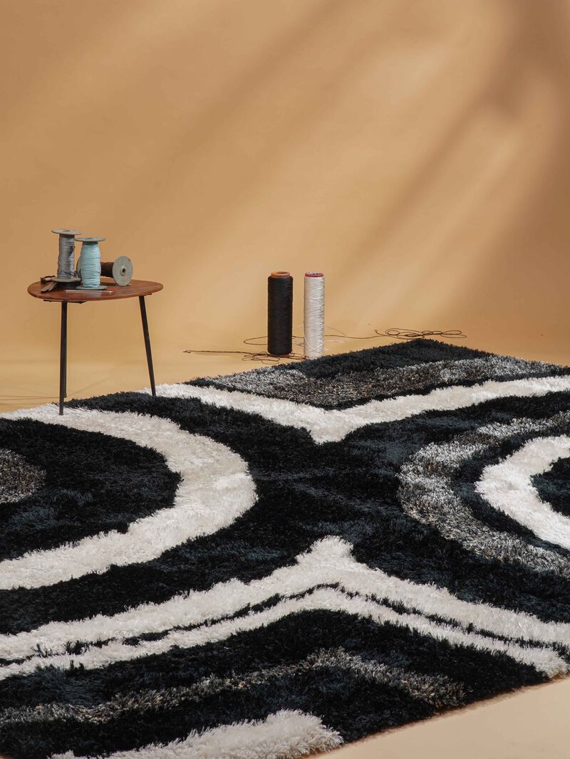 RUGSOTIC CARPETS HAND TUFTED SHAG POLYESTER ECO-FRIENDLY AREA RUGS  - 8'x10', Rectangle, Black Beige, Geometric Modern Design, High Pile Thick Handmade Anti Skid Rugs for Living Room K00045