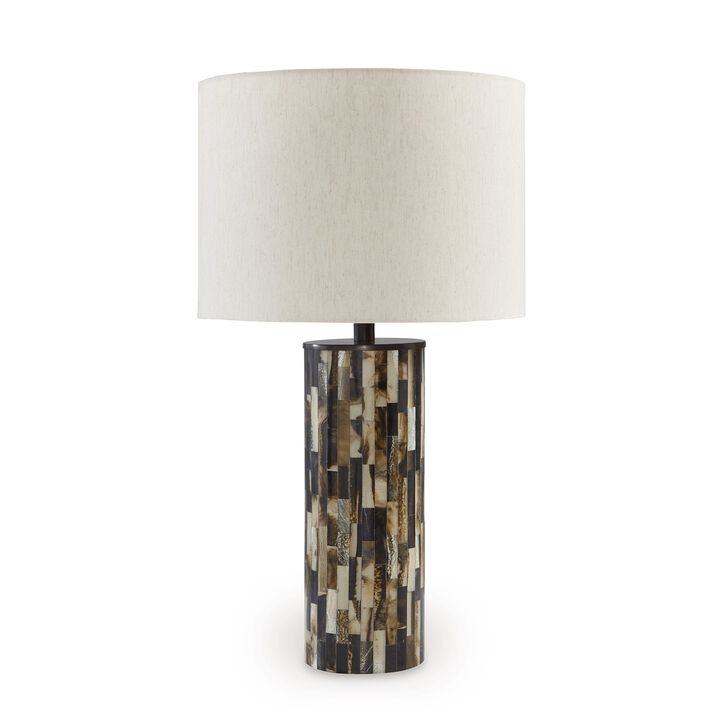 Foer 27 Inch Table Lamp, Cream Drum Fabric Shade, Black Brown Resin Base - Benzara