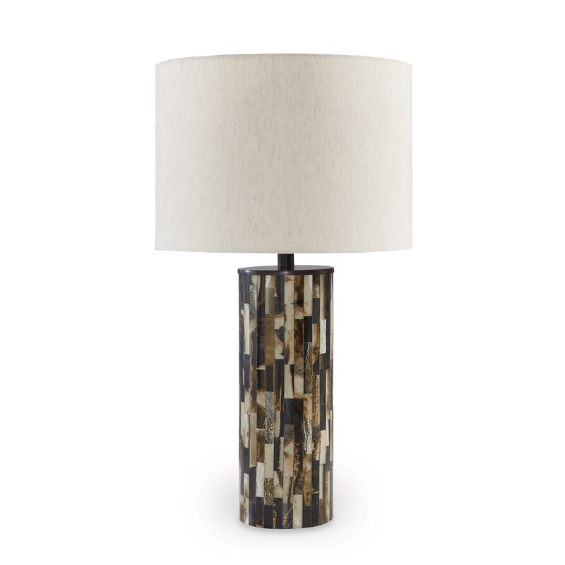 Foer 27 Inch Table Lamp, Cream Drum Fabric Shade, Black Brown Resin Base - Benzara