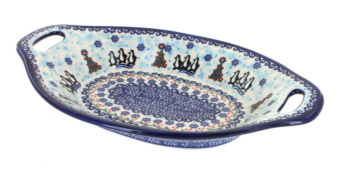 Blue Rose Polish Pottery Daisy Surprise Bread Tray with Handles