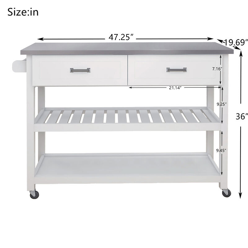 White Wood 47.24 in. Kitchen Island with Stainless Steel Top and Wheels