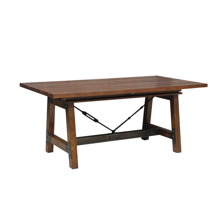 Wooden Dining Table with Extendable Leaf and Block Legs, Brown - Benzara