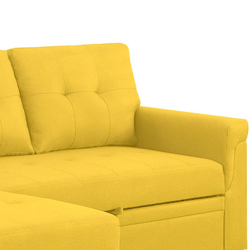 Elliot 84 Inch Sleeper Sectional Sofa with Storage Chaise, Yellow Fabric-Benzara