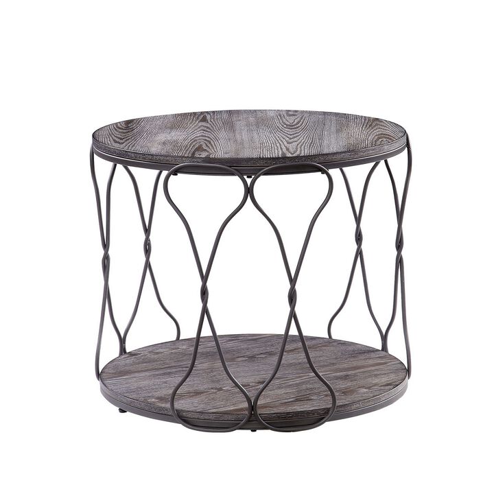 Round Industrial Style Metal and Solid Wood End Table with Open Bottom Shelf, Gray and Brown-Benzara