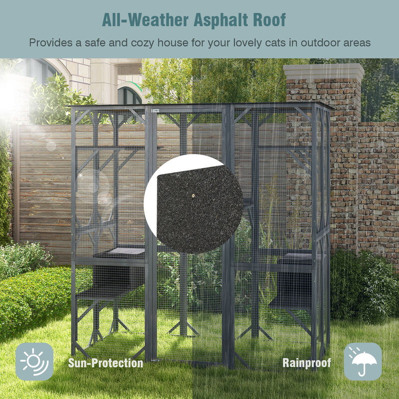 71 Inches Tall Outdoor Wooden Cat House with Weatherproof Asphalt Roof-Grey