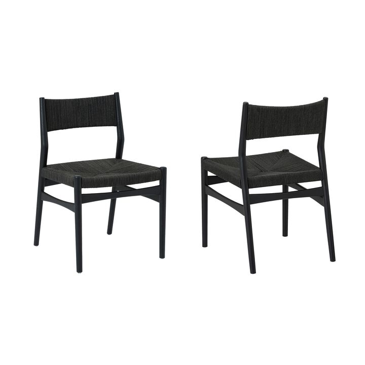 Rie Dining Side Chair Set of 2, Danish Inspired Panel Backrest, Black Woven - Benzara
