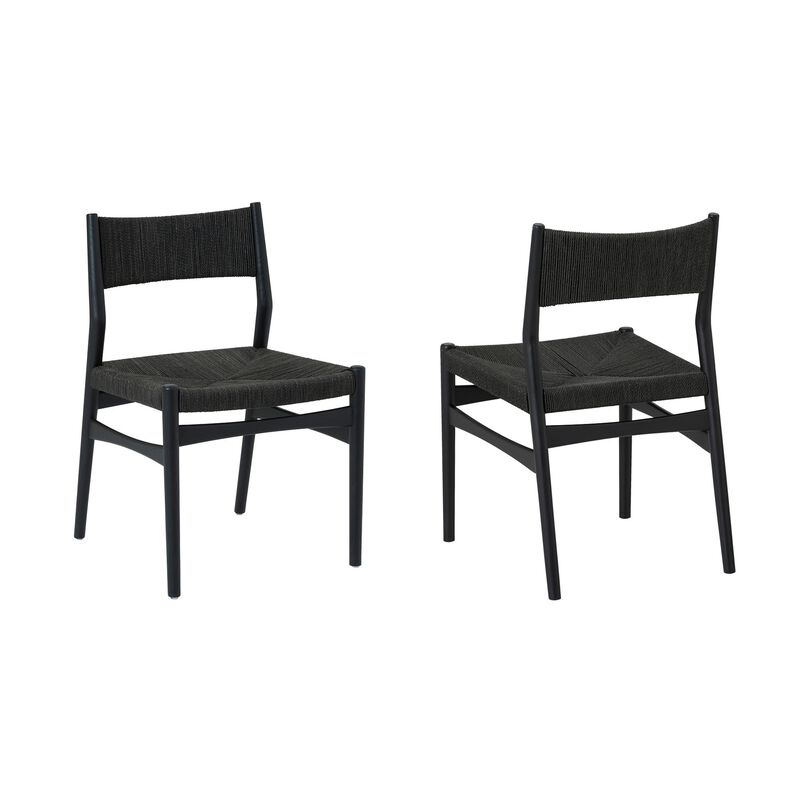 Rie Dining Side Chair Set of 2, Danish Inspired Panel Backrest, Black Woven - Benzara