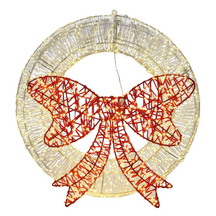 LuxenHome 1.6Ft Round Light Wreath and Red Light Bow Holiday Decoration with Timer