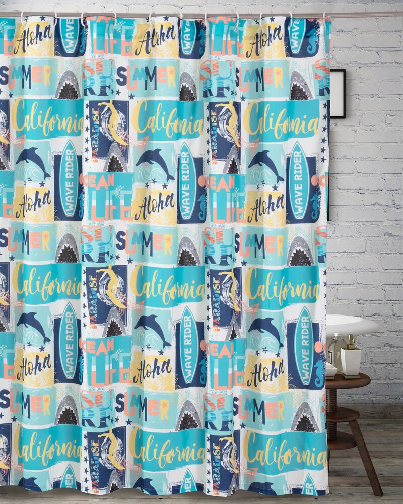 Greenland Home Fashion Bathroom Fabric Curtains Waterproof Wave Riders Rainbow Wave Rider Shower Curtain - Blue 72x72"