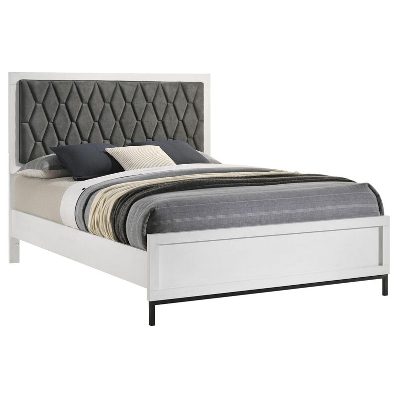 Noro Queen Size Bed, White Melamine, Hexagonal Tufted Upholstery - Benzara