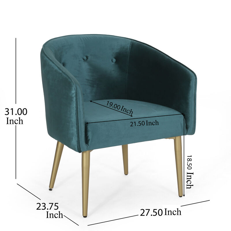 Accent Dining Chair, Gold Iron Legs, Curved, Tufted Aqua Green Velvet - Benzara