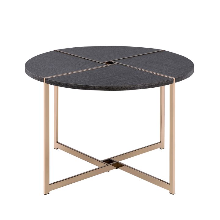 Coffee Table with X Shaped Metal Base and Round Wooden Top, Gold and Gray-Benzara