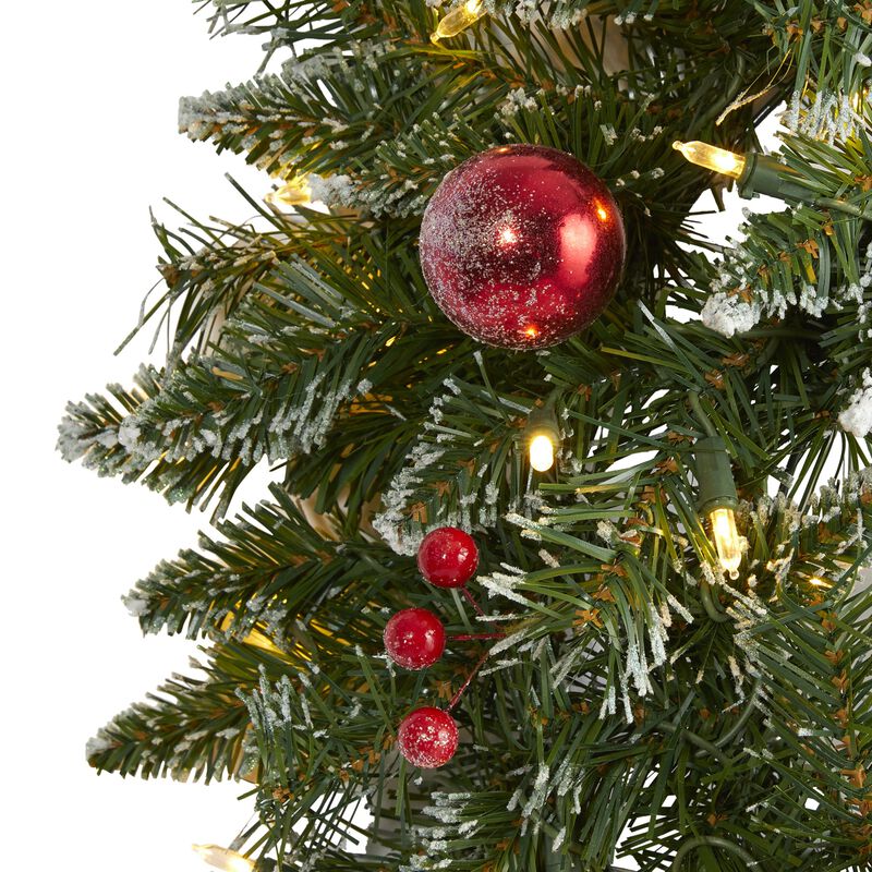 Hivvago 24" Frosted Artificial Christmas Wreath with 50 Warm White LED Lights, Ornaments and Berries