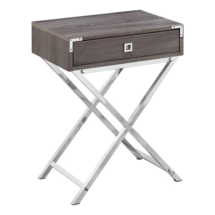 Monarch Specialties I 3555 Accent Table, Side, End, Nightstand, Lamp, Storage Drawer, Living Room, Bedroom, Metal, Laminate, Brown, Chrome, Contemporary, Modern