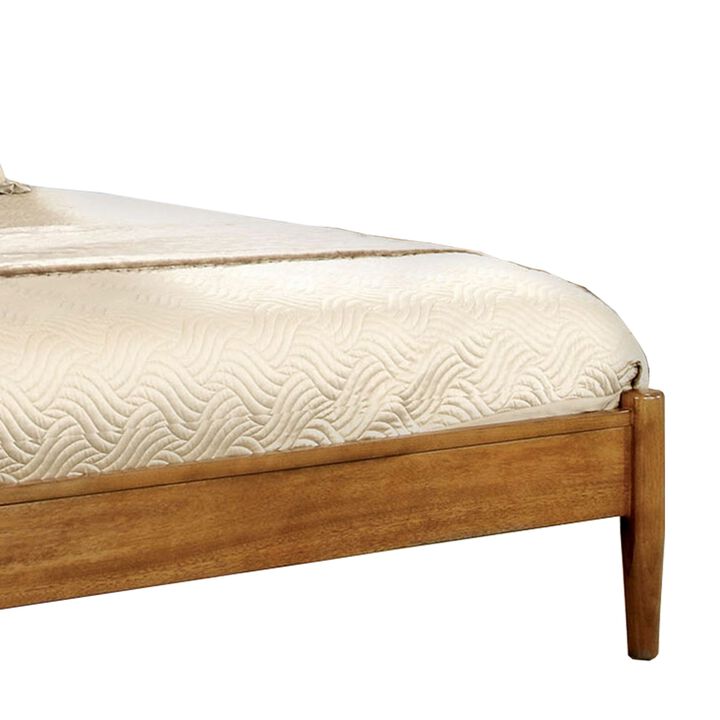 Mid Century Modern Wood Queen Bed, Round Tapered Legs, Oak Brown-Benzara