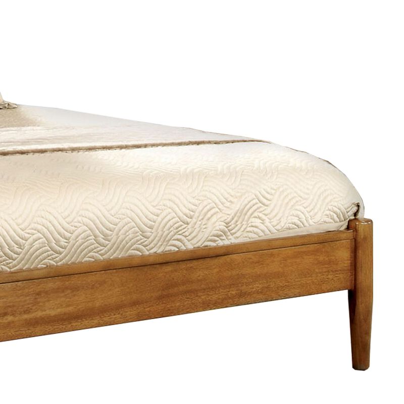 Mid Century Modern Wood Queen Bed, Round Tapered Legs, Oak Brown-Benzara