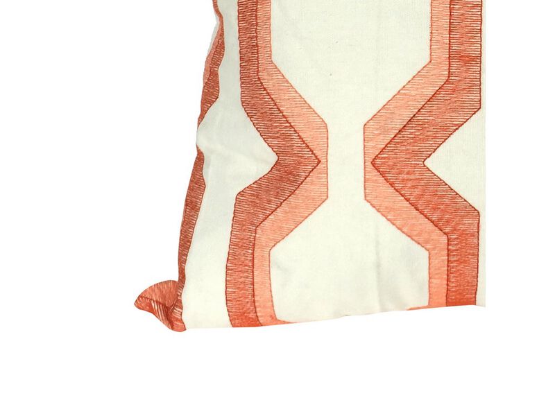 Contemporary Cotton Pillow with Geometric Embroidery, Red and White- Benzara