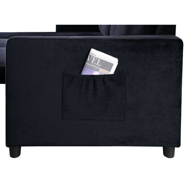 Ivy Black Velvet Reversible Sleeper Sectional Sofa With Storage Chaise And Side Pocket
