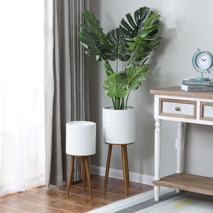 LuxenHome Set of 2 White Dimpled Metal Cachepot Planters with Bronze Metal Legs