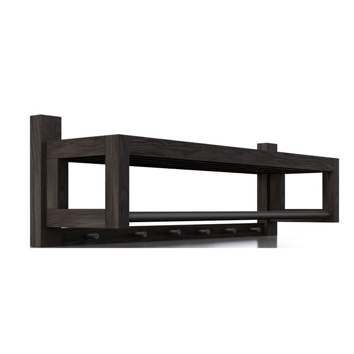 Black Finish Solid Hardwood Coat Rack - Black Metal Knobs & Hanger Bar
