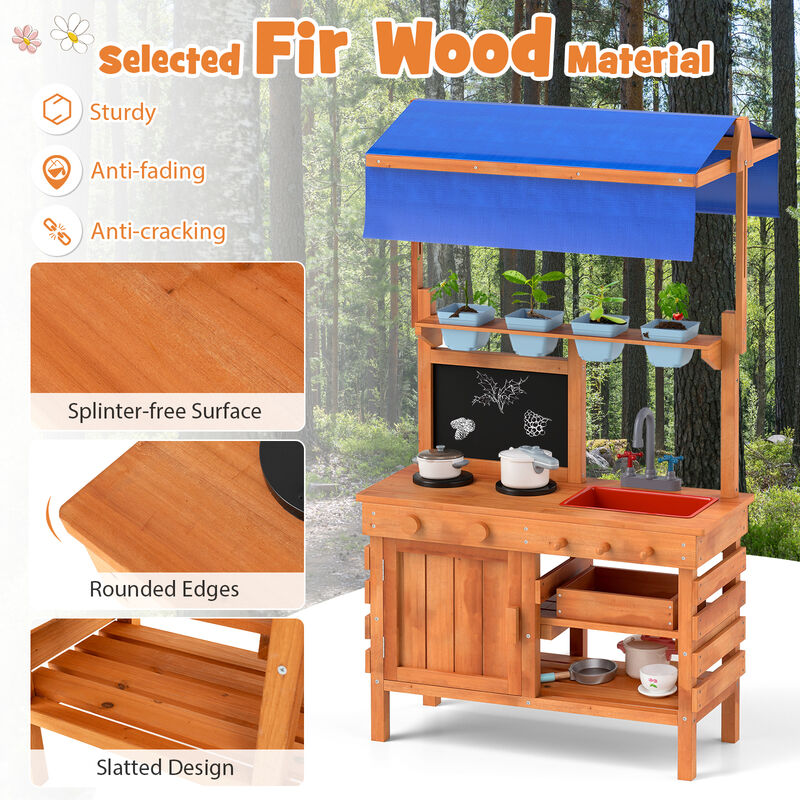 Wooden Pretend Play Kitchen with Height Adjustable Canopy for Kids