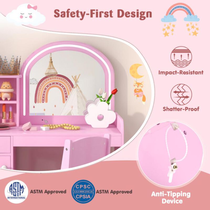 Hivvago Kids Vanity Table and Chair Set with Shelves Drawer and Cabinet-Pink