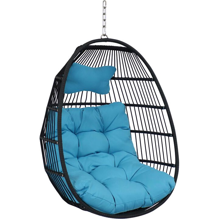 Sunnydaze Black Polyethylene Wicker Hanging Egg Chair with Cushions
