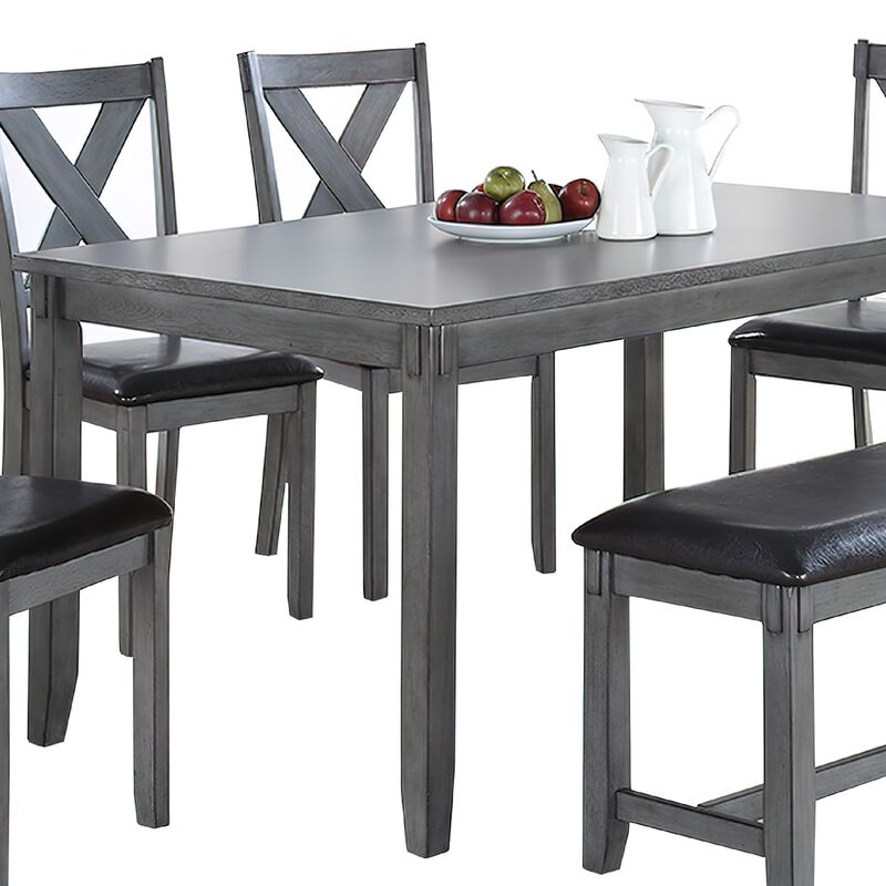 Modern 6 Piece Dining Set with Table, 4 Chairs and Bench, Gray Faux Leather - Benzara