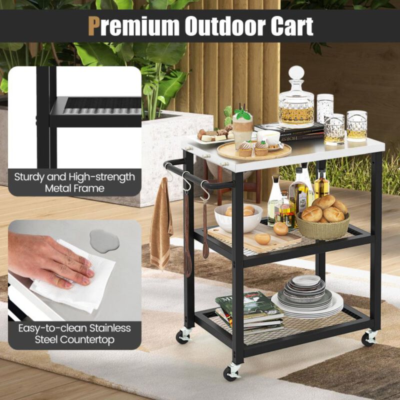 Hivvago 3-Tier Foldable Outdoor Stainless Steel Food Prepare Dining Cart Table on Wheels