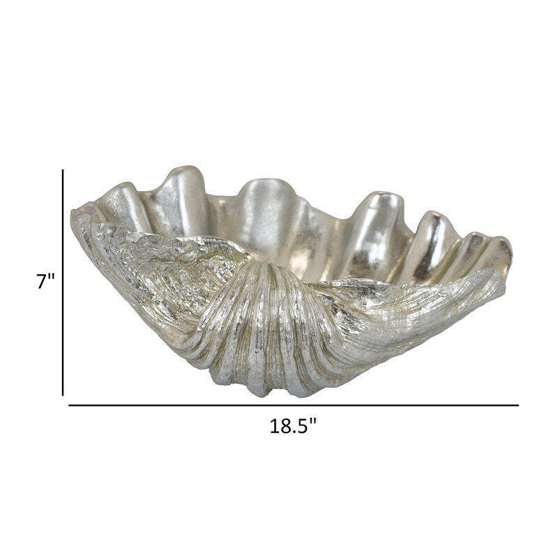 Coastal Seashell Decorative Bowl, Textured Chrome Silver Resin 19 Inch - Benzara