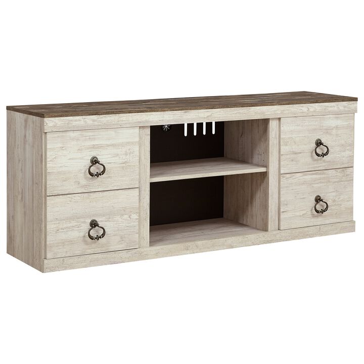 60 Inch Rustic TV Media Entertainment Console, Round Handles, Wood, White-Benzara