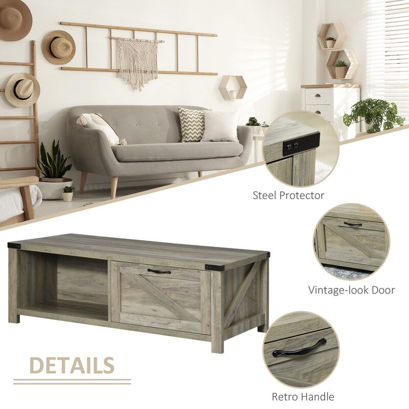 Gray Oak Living Room Table: Rustic Coffee Table with Drawer & Open Shelf