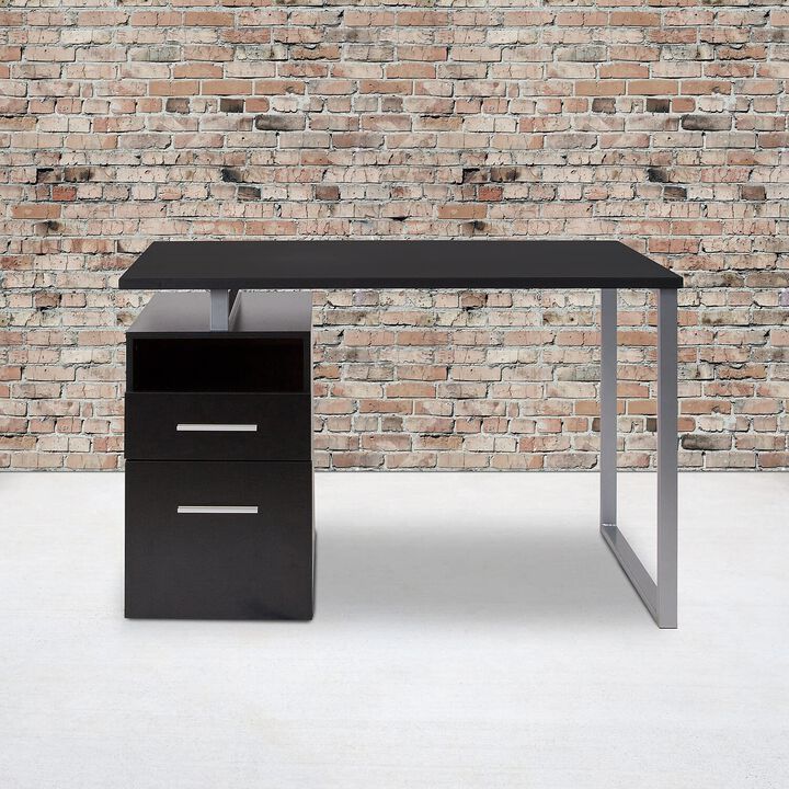 Flash Furniture Harwood Dark Ash Wood Grain Finish Computer Desk with Two Drawers and Silver Metal Frame