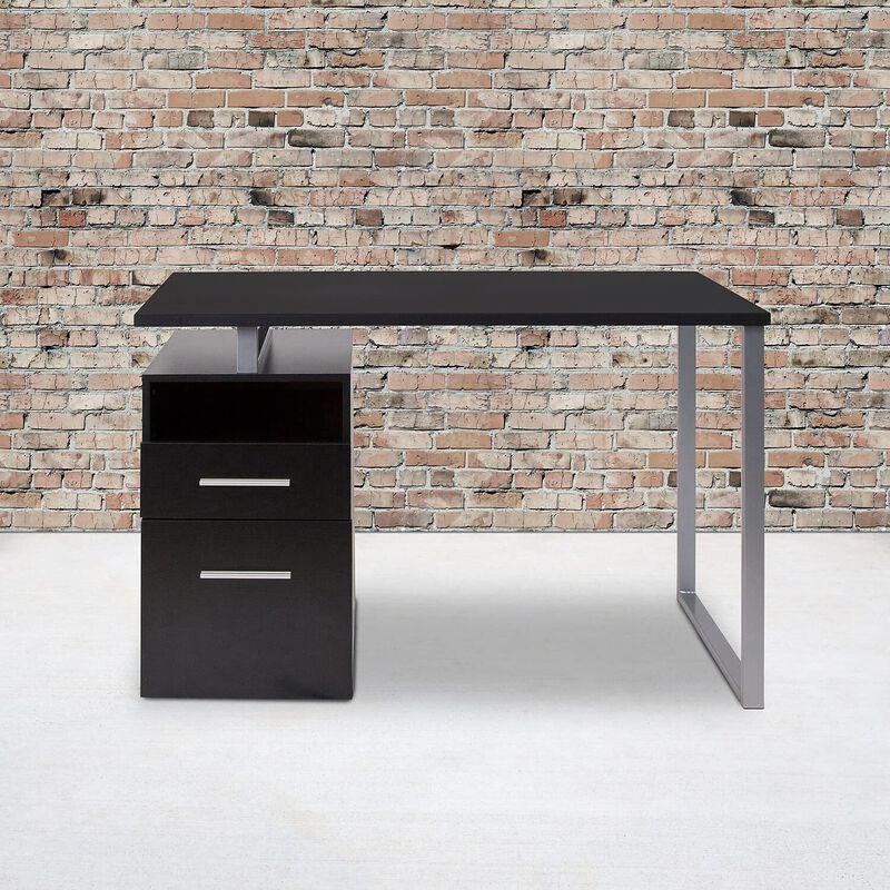 Flash Furniture Harwood Dark Ash Wood Grain Finish Computer Desk with Two Drawers and Silver Metal Frame