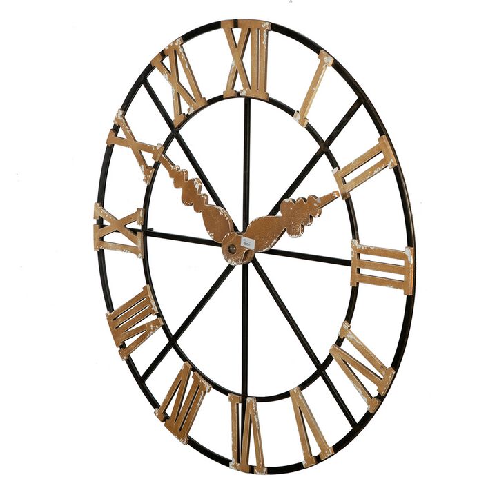 46 Inch Faux Clock Wall Decor, Round, Vintage Style, Gold, Black Finish - Benzara