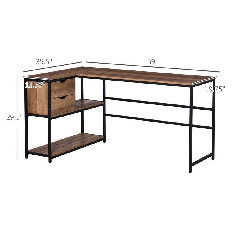 Brown Corner Workstation: L-Shaped Desk with Storage and Drawer