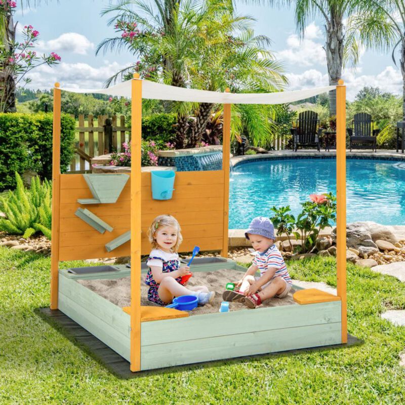 Hivvago Kids Sandbox with Sand Wall w/ Removable Canopy for Kids 3-8 Years Old