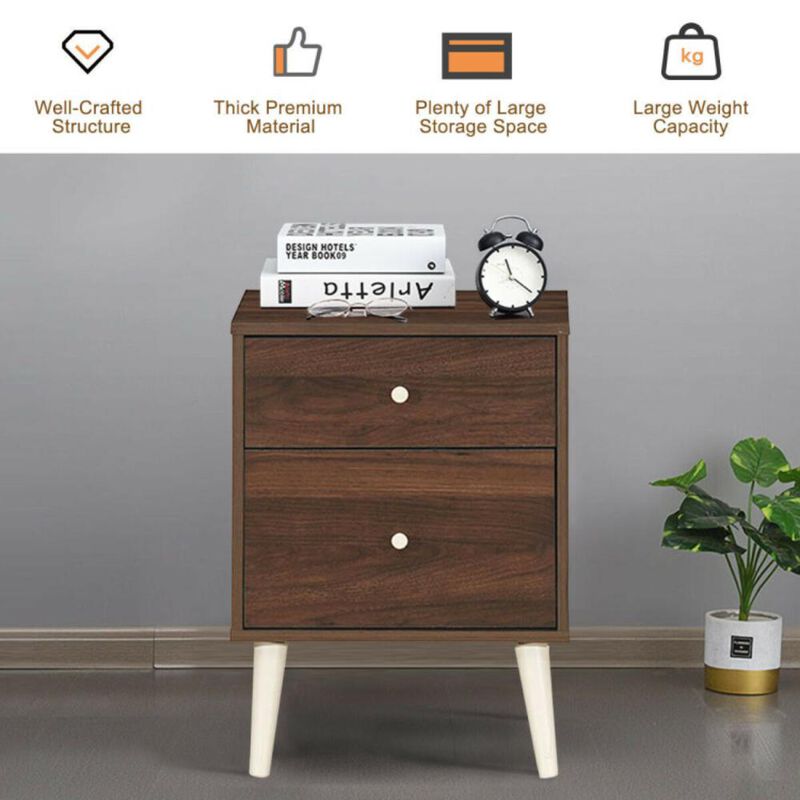 Hivvago 2-Drawer Nightstand Beside End Side Table with Rubber Legs