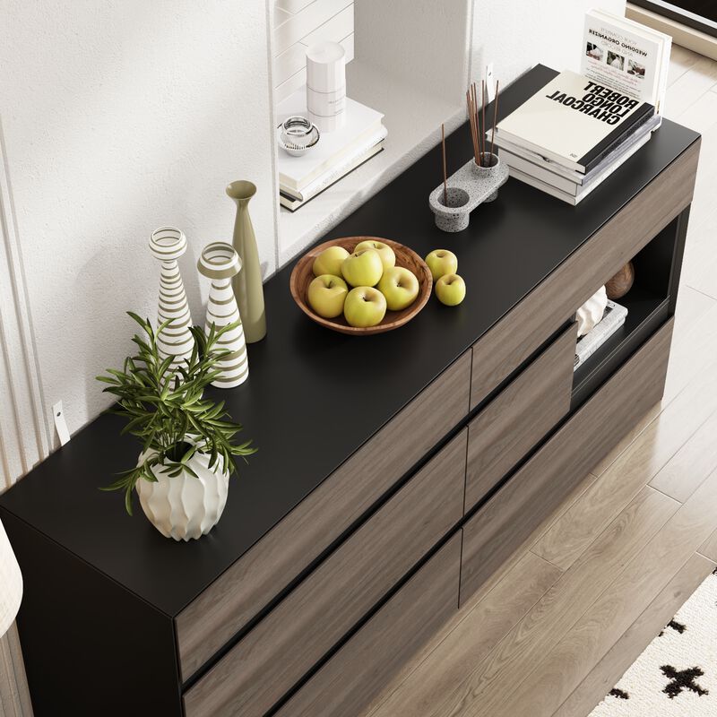 FUFU&GAGA Modern 6-Drawer Sideboard with Open Storage, Black and Rustic Wood Finish (63" W x 15.9" D x 30" H),Brown