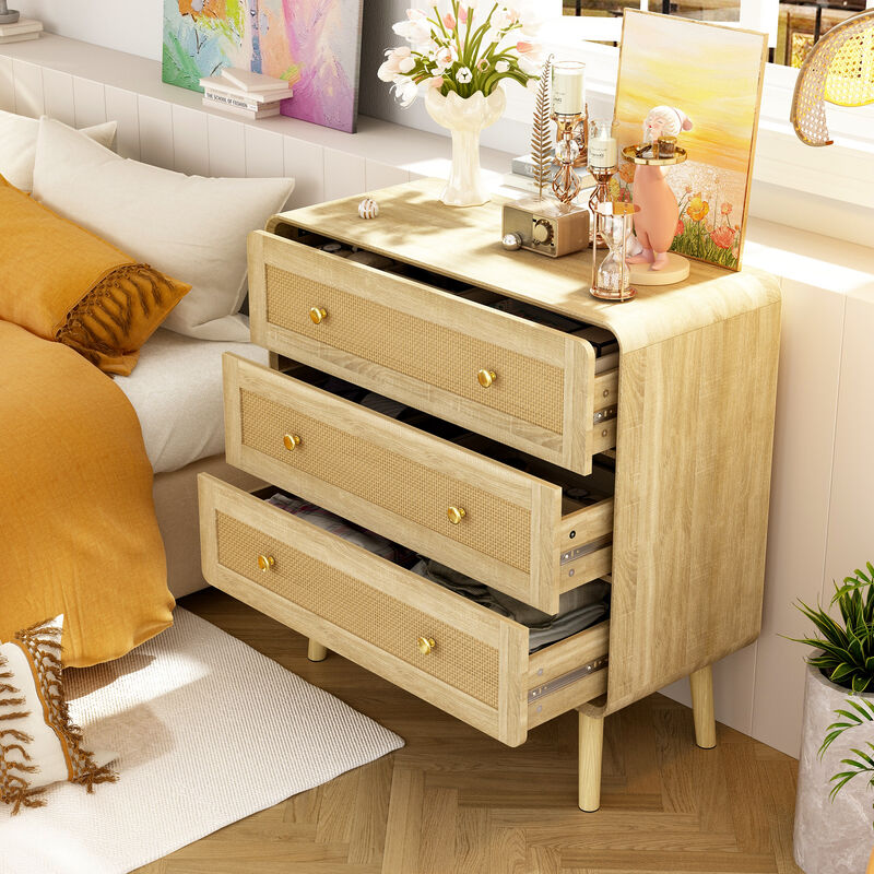 FUFU&GAGA 3-Drawer Nightstand, Modern Bedside Table with Rattan Fronts, Wooden Legs & Gold Handles, Spacious Storage for Bedroom (31.5" W x 32" H x 13.8" D), Natural Wood