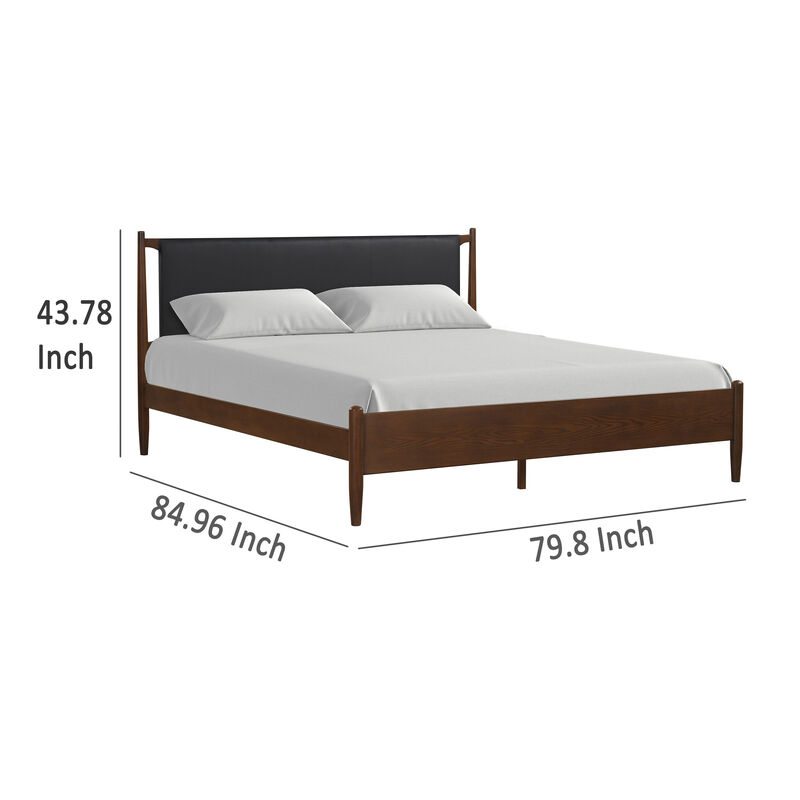 Niyu King Size Bed, Black Faux Leather Upholstery, Brown Solid Wood - Benzara