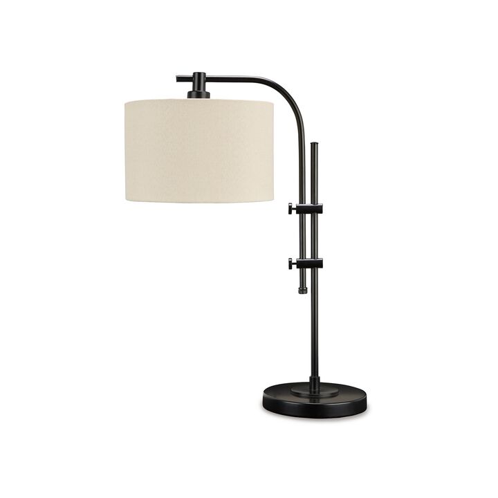 Mney Accent Lamp, Adjustable Arm, White Drum, 26 Inch Black Metal - Benzara