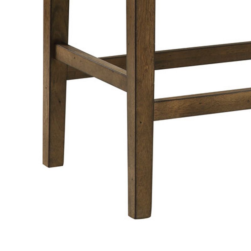 Carl 39 Inch Two Tone Counter Bench, Gray Fabric Seat, Light Oak Wood-Benzara