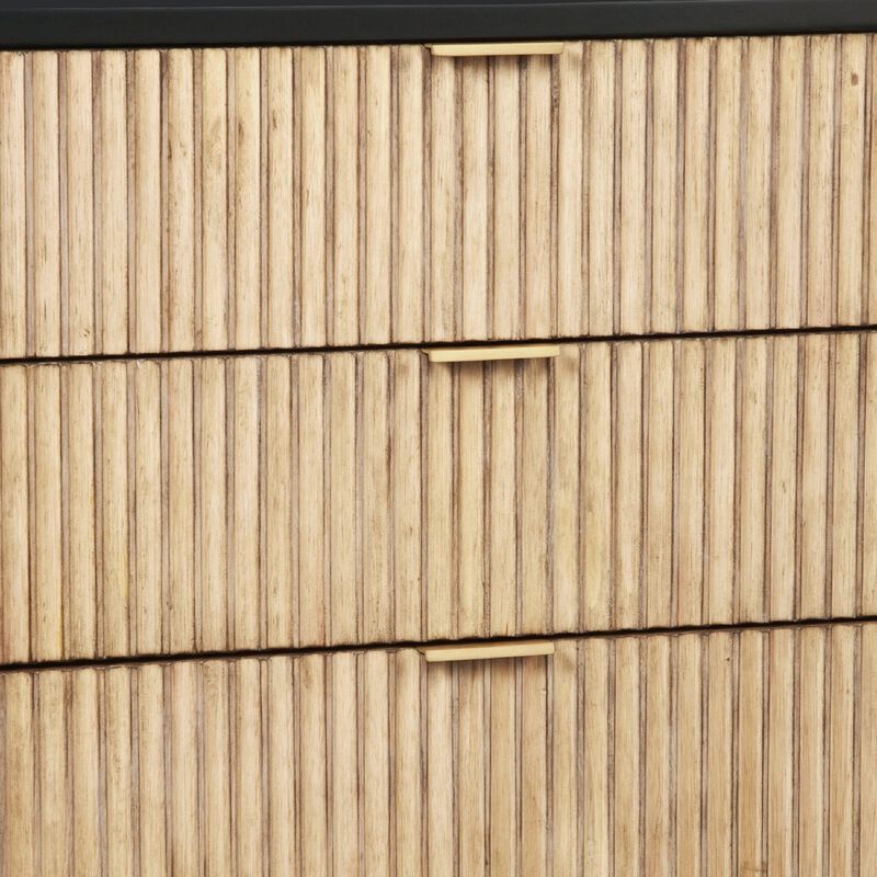 Accent Chest with 3 Corrugated Drawers and Metal Base, Black-Benzara