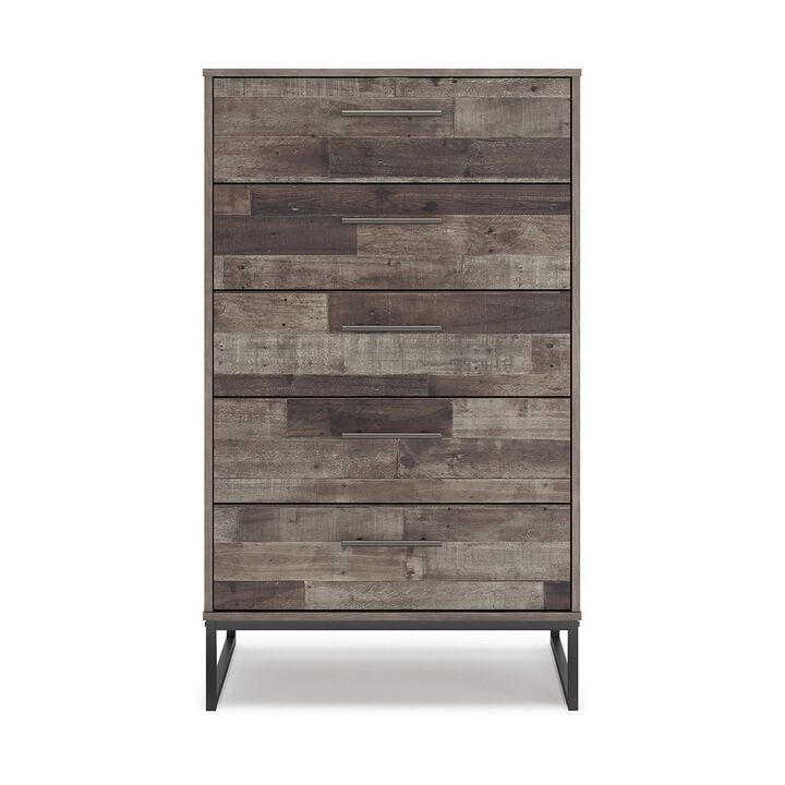 Vyne 51 Inch Tall Dresser 5 Drawers Chest, Gray Woodblock, Black Metal Base -Benzara