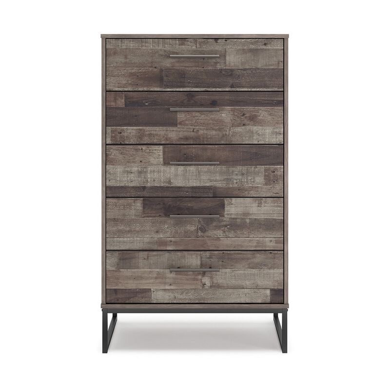 Vyne 51 Inch Tall Dresser 5 Drawers Chest, Gray Woodblock, Black Metal Base -Benzara