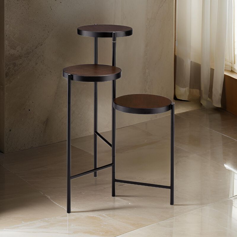 3 Tier Plant Stand with Round Wooden Shelves and Foldable Design, Black-Benzara
