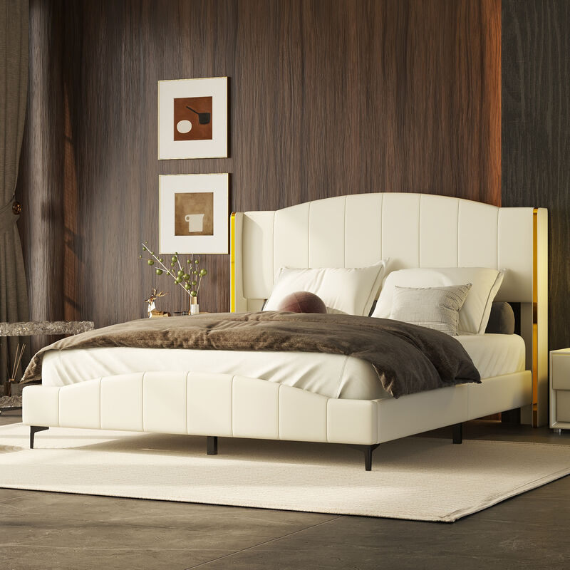 Merax PU Leather Upholstered Platform Bed with Velcro Slats