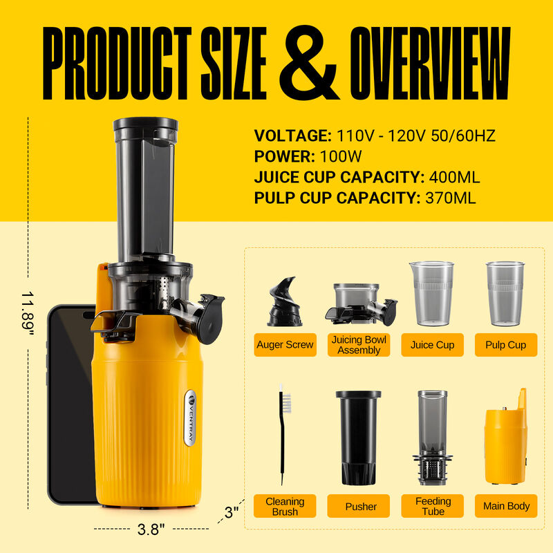 Ventray Essential Ginnie Juicer Compact Small Cold Press Masticating Slow Juicer